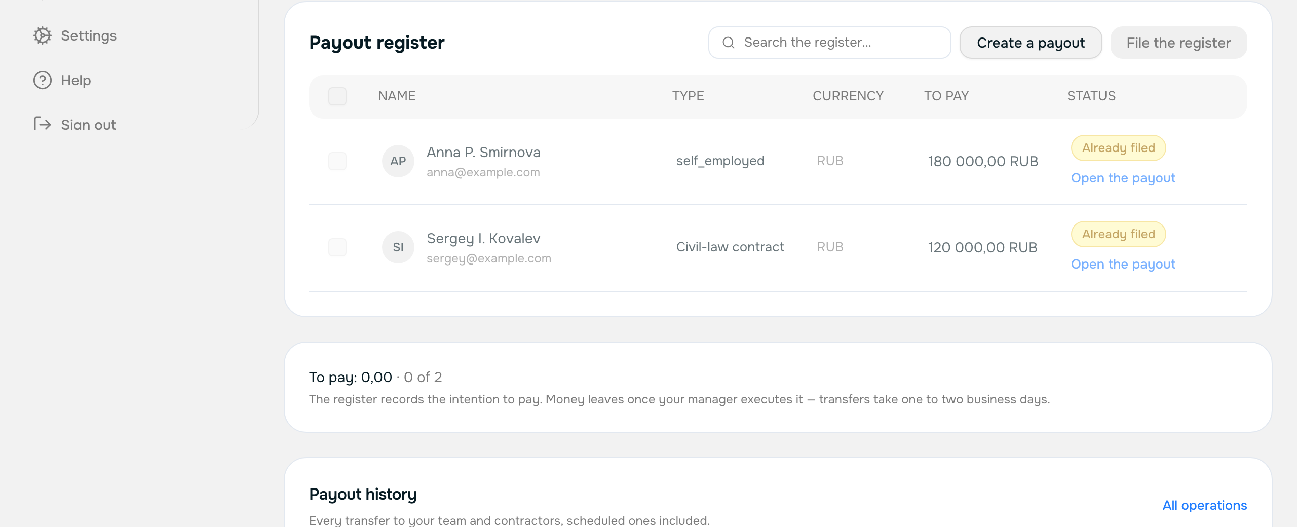 The payout register