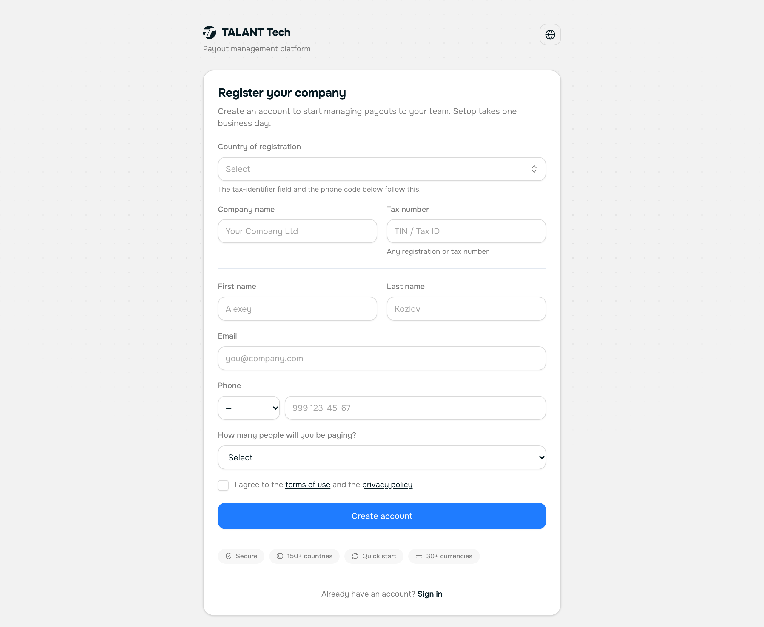 The sign-up form